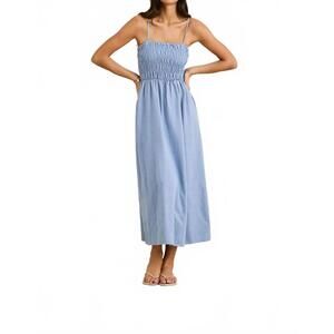 NEW RHYTHM. classic shirred midi dress in steel blue